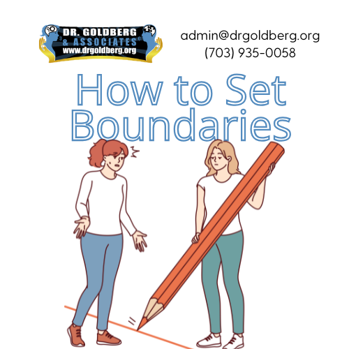 Graphic reading “How to Set Boundaries” with two women and a pencil drawing a line
